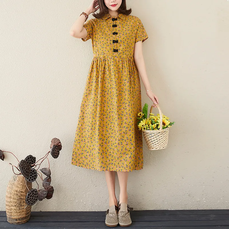 Льняное женское платье Харадзюку летнее свободное с коротким рукавом японское