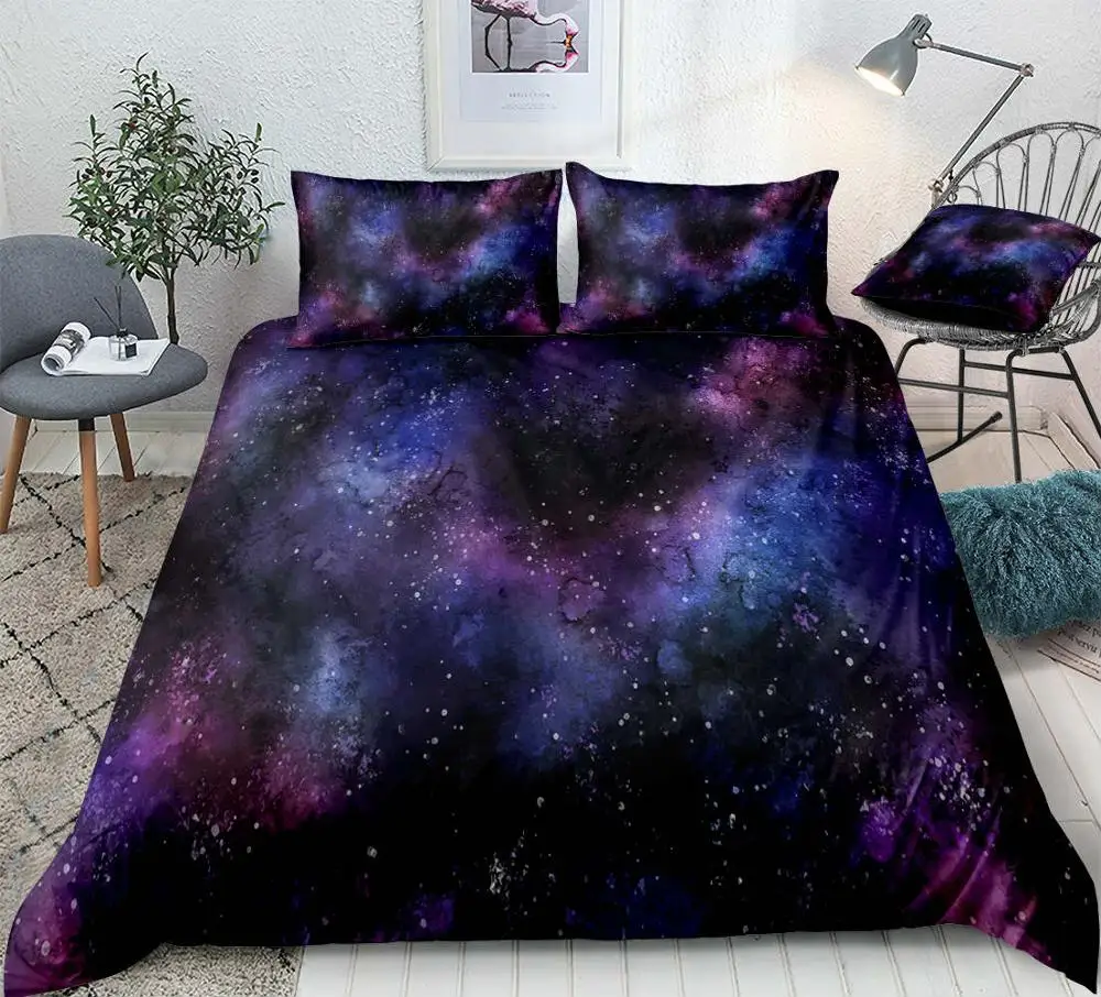 Многоцветный 3D Galaxy постельный комплект, космическое пространство, пододеяльник, королева, домашний текстиль, синий, фиолетовый, Вселенная, пододеяльник, набор из 3 предметов, король, Прямая поставка, для подростков - Цвет: Многоцветный