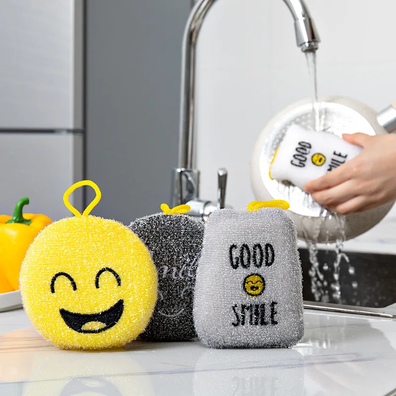 

4pc Cartoon Smiley Face Dishwashing Sponges Kitchen Double-sided Scouring Pads Household Pot Washing And Bowl Cleaning