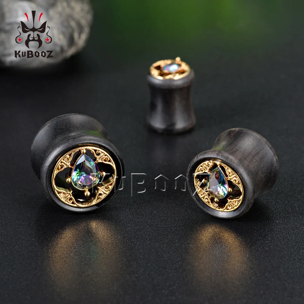 KUBOOZ Fashion Water Drop Shape Wood Ear Plugs Piercing Jewelry Ear Expander Studs Ears Tunnels Gauge Max