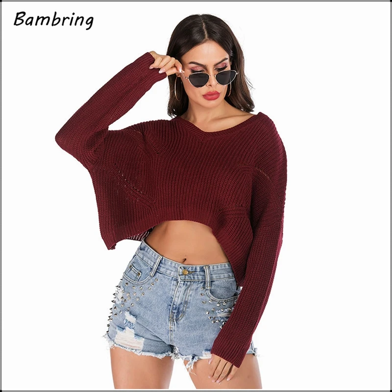 Женский вязаный пуловер с длинным рукавом черный свободный свитер бордового