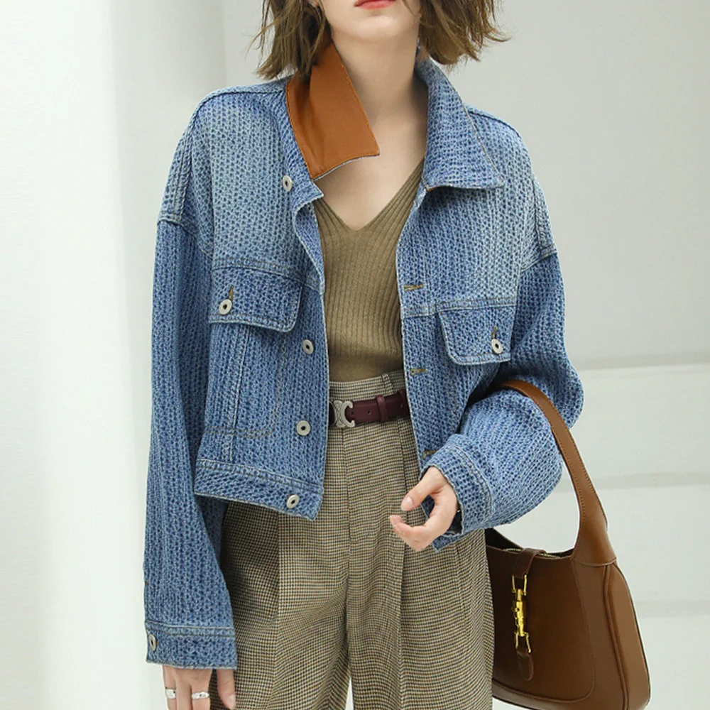 

Женская джинсовая куртка в клетку, новый однотонный кардиган, Повседневная однобортная куртка из искусственной кожи с лацканами в стиле пэ...