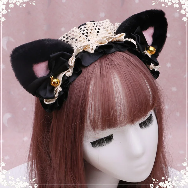 

Masquerade Women Girls Lolita Cosplay Headband Plush Lace Cat Ears Hairband Anime Party Costume Bow Bell Halloween Accessories