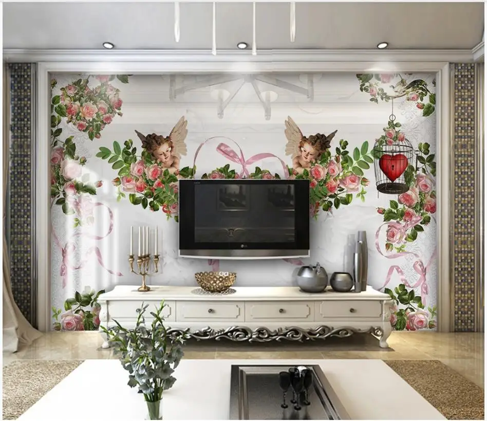 

Фотообои на заказ, 3d фрески, обои для гостиной, Европейский маленький ангел, роза, цветок, Настенные обои для телевизора