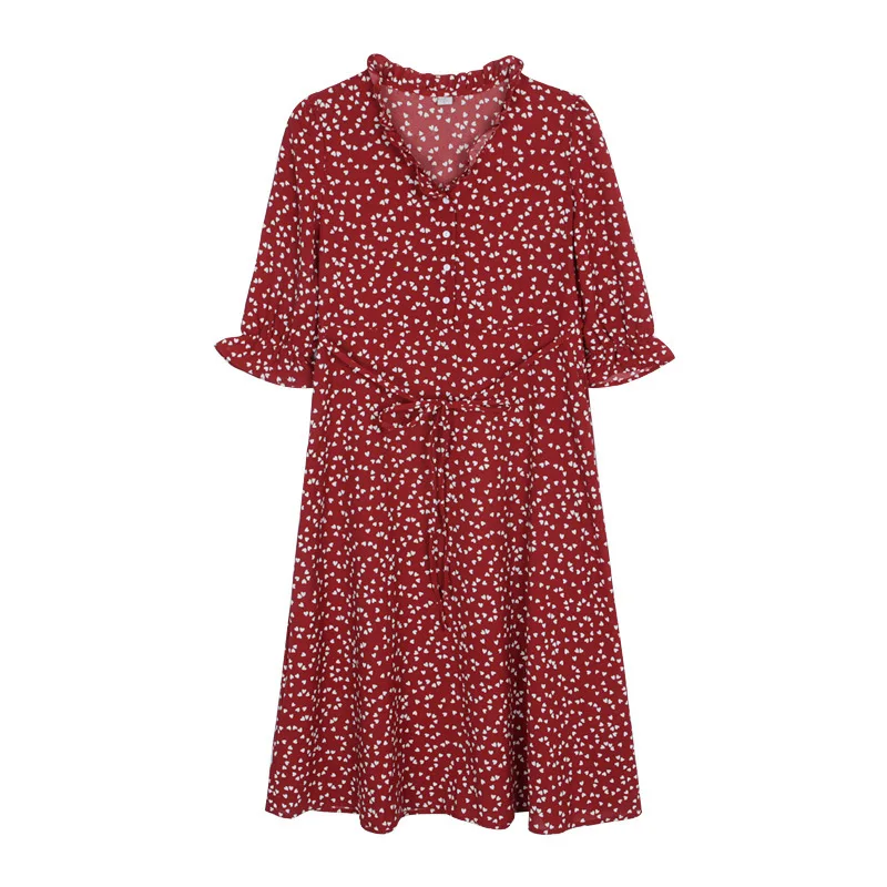 

2020 Vintage Summer Black V Neck Midi Dress Women Casual Sexy Red Heart Printed Butterfly Sleeve Woman Dresses for Women Clothes
