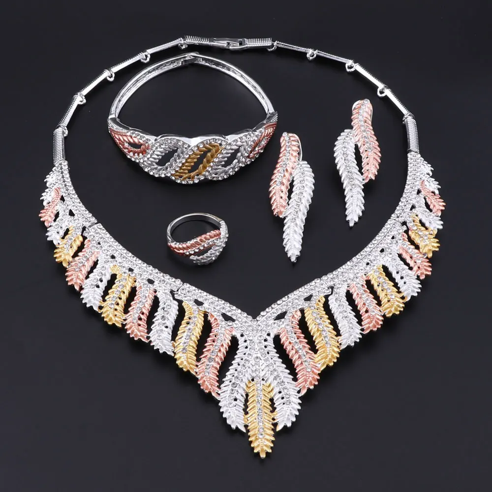 Три тона Дубай Свадебный Кристалл Ювелирные наборы для женщин Африканский