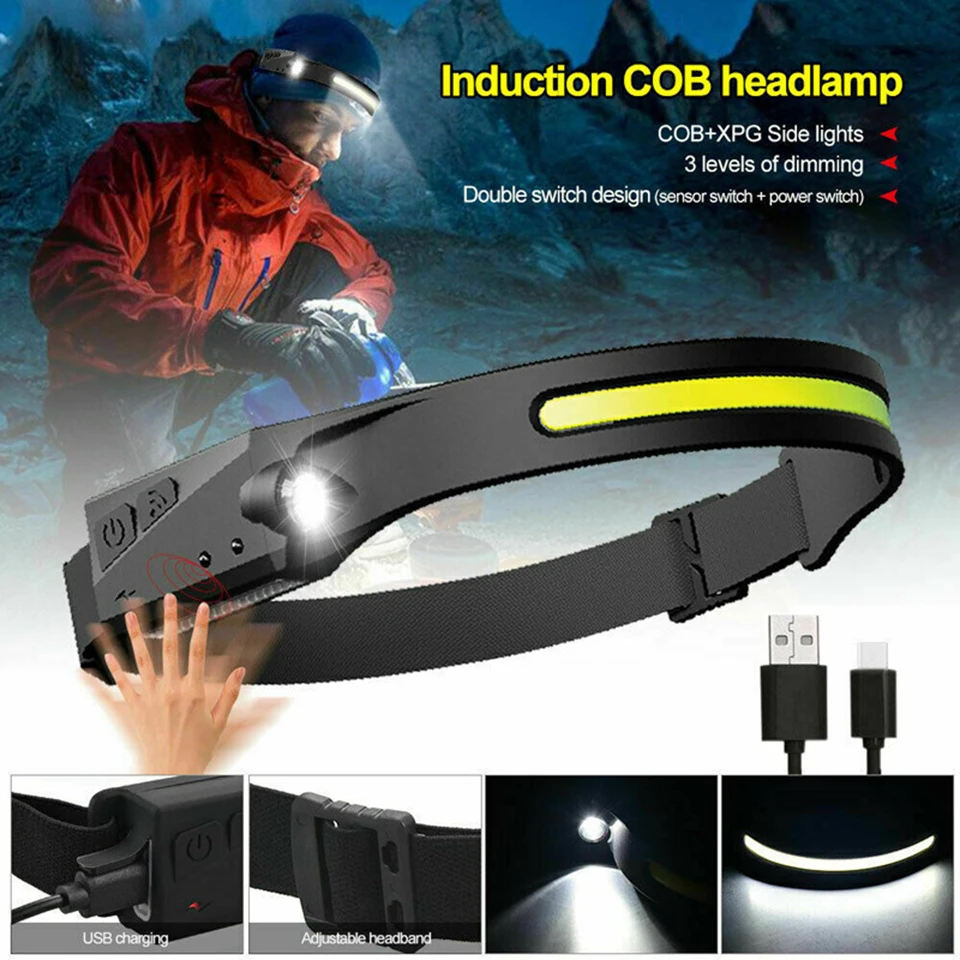 COB LED Headlamp Sensor Headlight with Built-in Battery Flashlight USB Rechargeable Head Lamp Torch 5 Lighting Modes Ceholyd | Лампы и