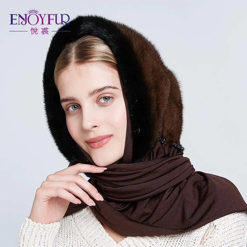 Женская шапка бини ENJOYFUR, элегантная шапка из натурального меха норки с шарфом на зиму - Цвет: M37