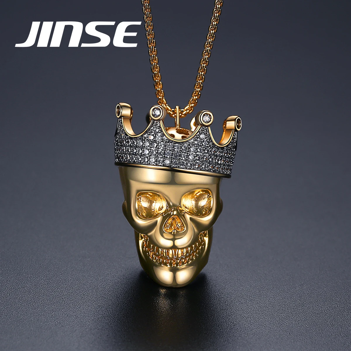 

JINSE Hip Hop Skull Pendant Crown Cubic Zircon Skeleton Necklace For Men Women Fashion Vintage Necklace Gothic Jewelry Gifts
