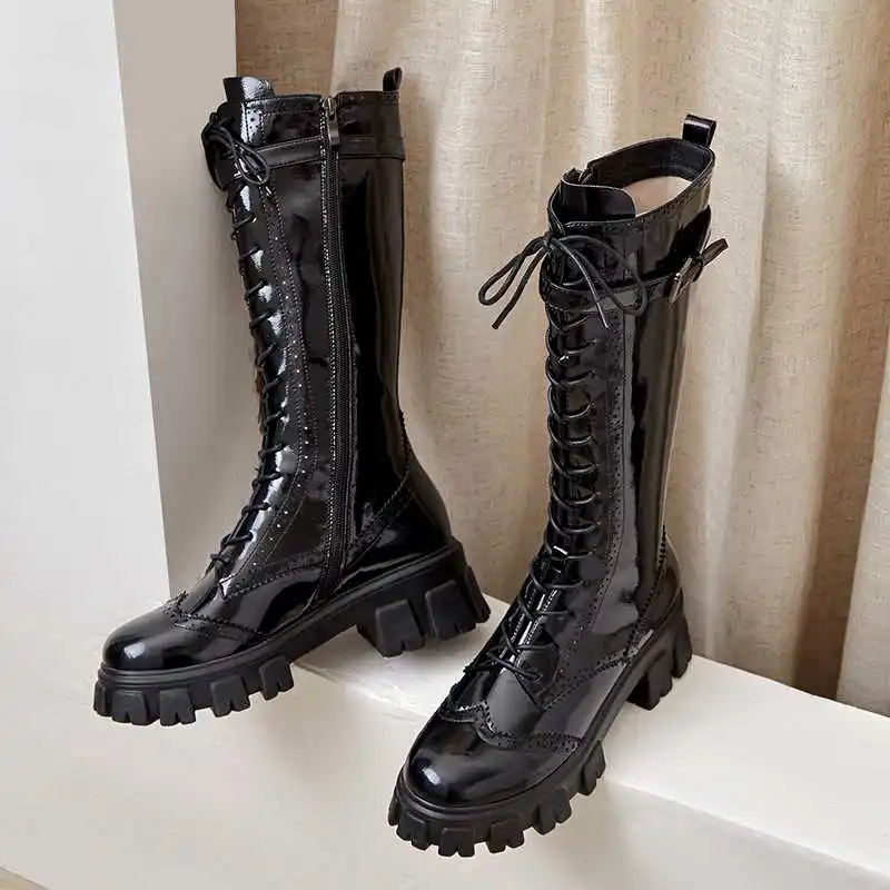 Beli Krazing Pot Kulit Asli Tebal Bawah Inggris Renda Bulat Toe High Heels Sabuk Tali Gesper Musim Dingin Hangat Lutut Tinggi Sepatu L76
