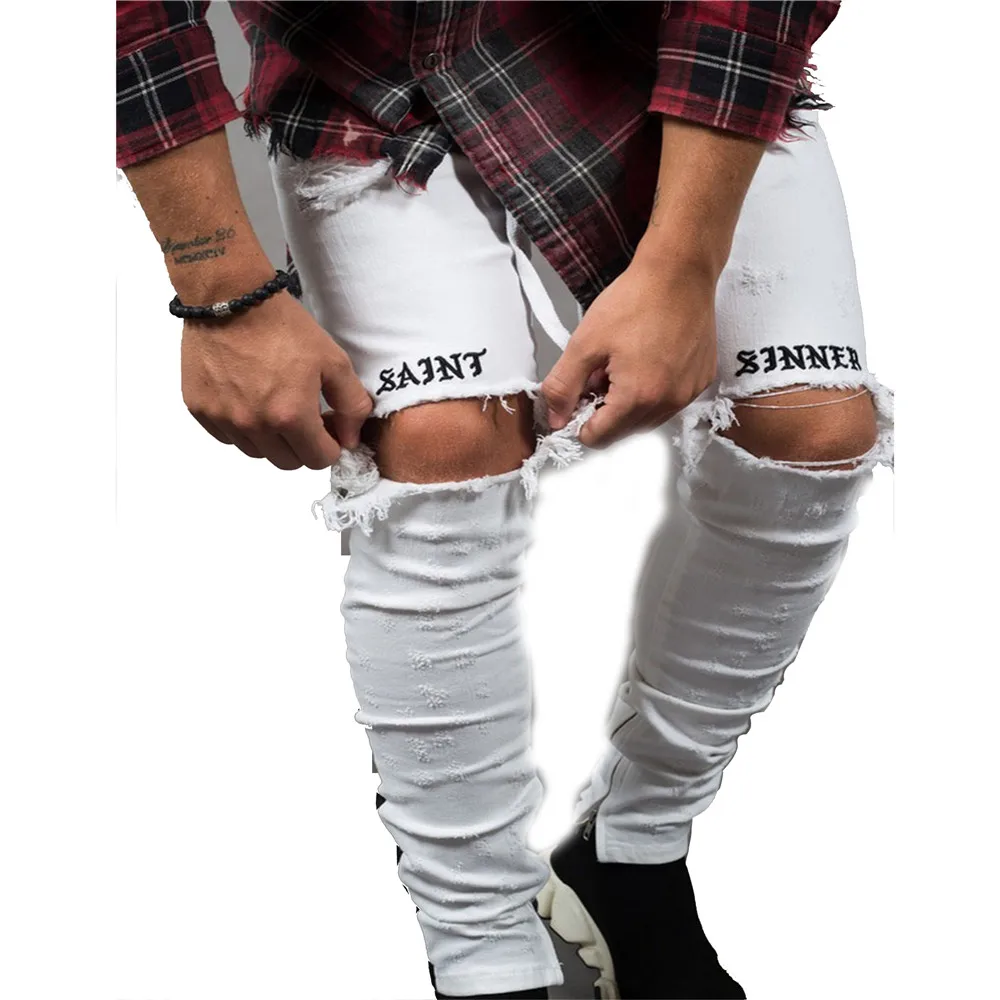 Новые модные обтягивающие мужские стильные рваные брюки байкерские узкие прямые