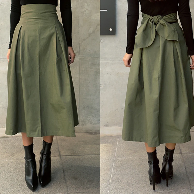 

shintimes Skirts Womens Korean Fashion Solid Color Big Swing Ladies Skirt Long Skirt 2020 Autumn Wild High Waist Bow Slim Skirts