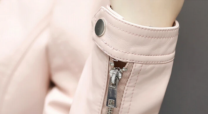 

2021 New Women's Leather Short Section Motorcycle Slim PU Leather Jacket Pink Leather Jacket