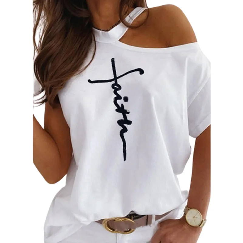 

Summer Sexy Off Shoulder Women's Fashion Tops Letter Printed O Neck Short Sleeve Funny T Shirt Loose Casual Cotton Pullovers