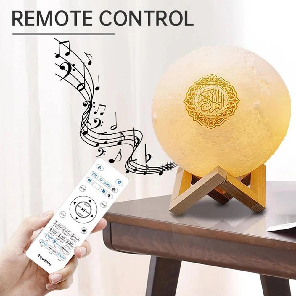 

Equantu Bluetooth Quran Speaker Touch Control LED Light Moon Lamp In 7 Colors With Wooden Stand Smart APP Control Loundspeaker