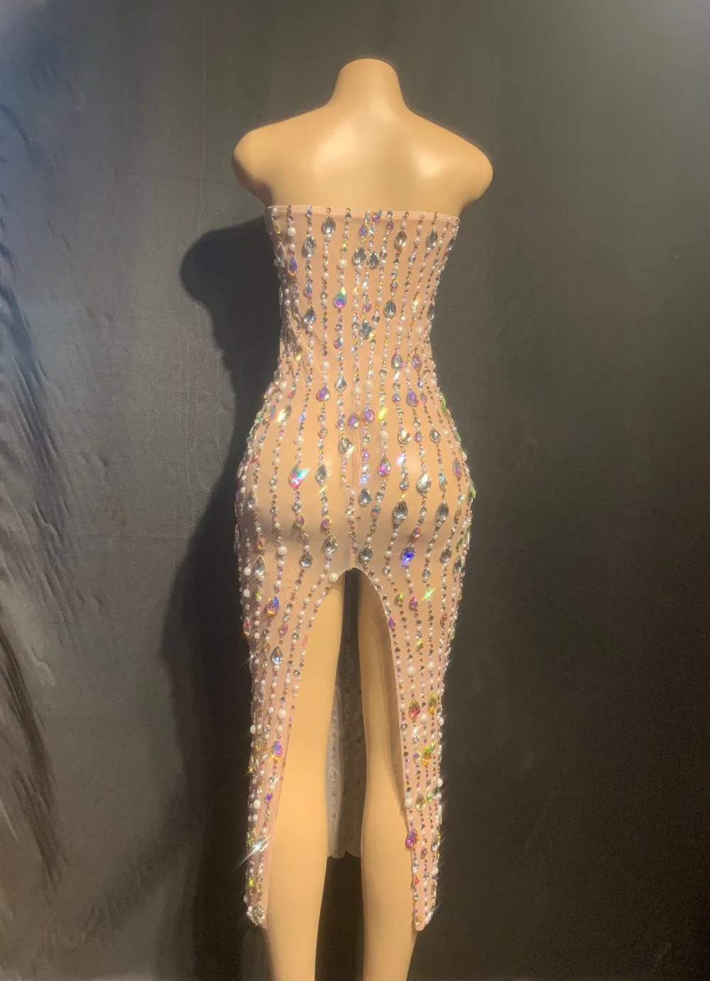 Высокое Качество Обнаженная без бретелек Сияющий Бисер Bodycon платье DJ Клубные вечерние танцевальный костюм