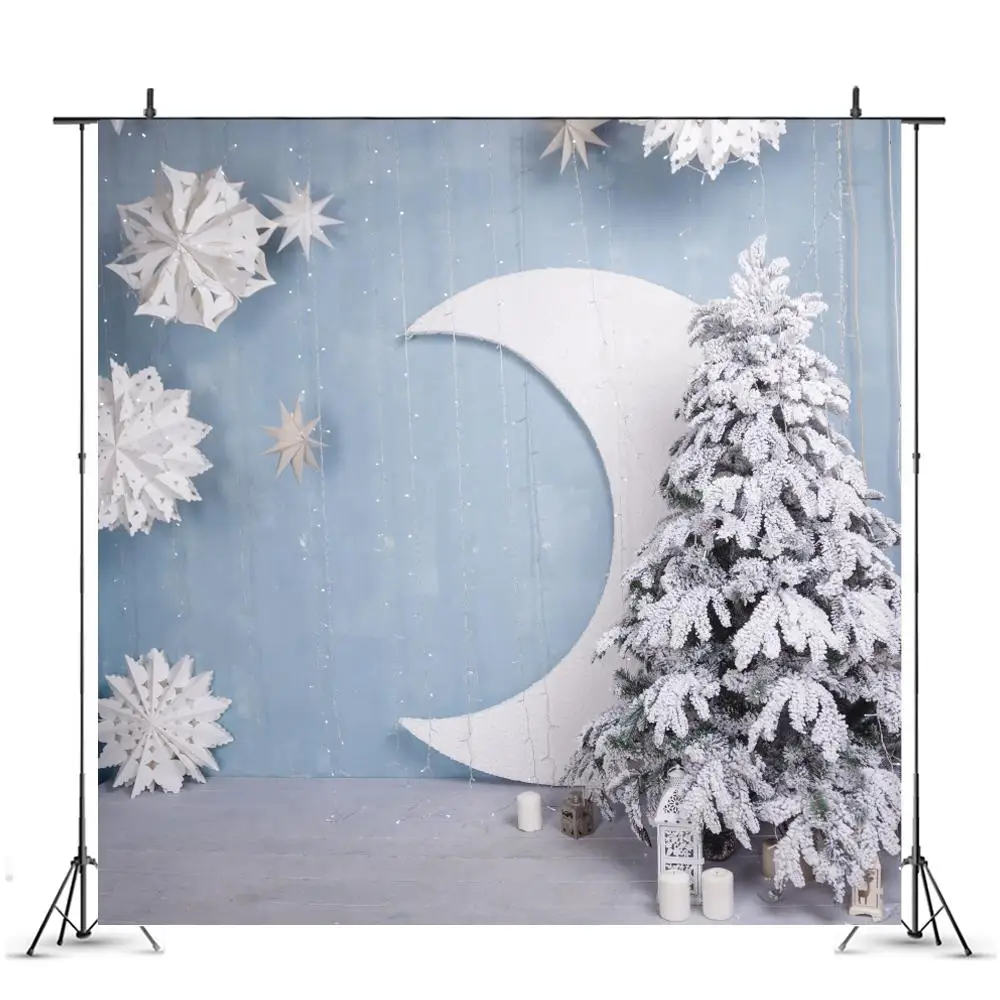 

Blue Wall Moon Stars Christmas Tree Baby Photography Backgrounds Custom Photographic Backdrops for Photo Studio