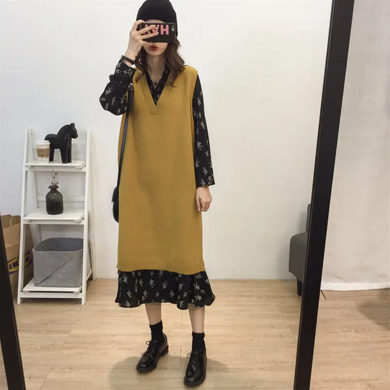 

Женский шифоновый костюм большого размера, элегантное платье-трапеция с V-образным вырезом и принтом и длинный вязаный жилет, комплект из 2 п...