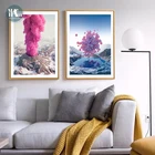 Скандинавская Картина на холсте розовый воздушный шар вулкан синий дым Печать художественные плакаты принты пейзаж Искусство стены Картина декор гостиной