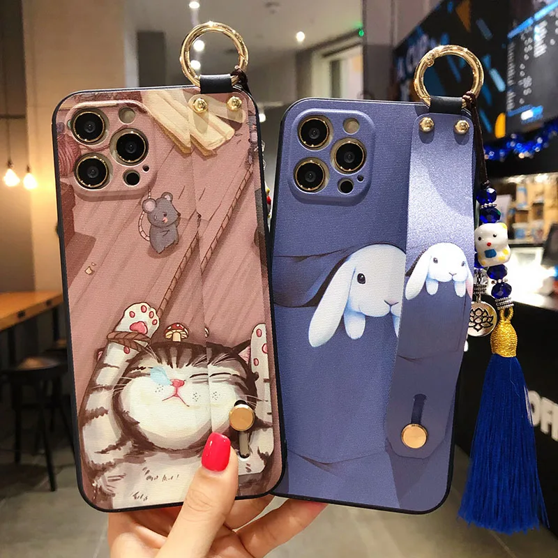 

sumkeymi Wrist Strap Cute TPU Cover Phone Holder Case For iphone 13 Pro Max 11 12 Pro Max 7 8 Plus mini X XS XR Hand Band Case