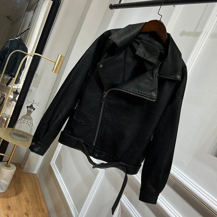 

Faux Leather PU Leather Women Coat Female Casual Motorcycle Clothing 2020 Loose Slim Waist Down Chic Leather Jacket Autumn Coat