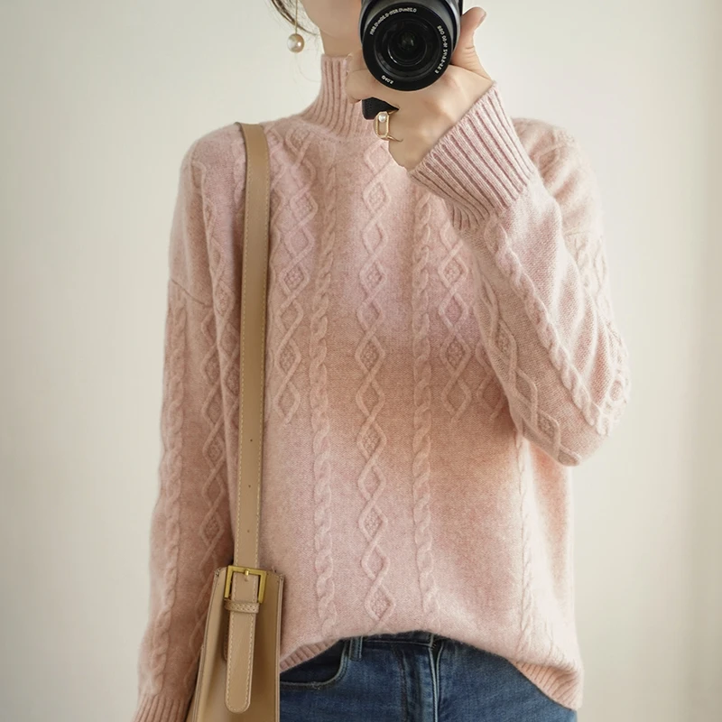 

100% wool cashmere sweater women's autumn / winter 2020 warm soft high collar long sleeve knitted pullover women's sweater