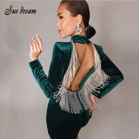 2021 summer women sexy backless diamond tassel green black velvet dress fashion celebrity evening party dress vestidos