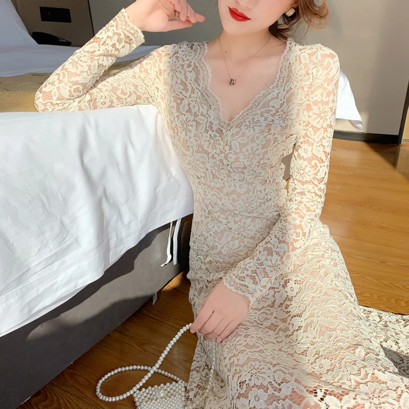 

Autumn Style Sexy Lace Hollow Out V-neck Long Dresses Ladies Vestidos Club Evening Party Dress Woman Moda Feminina Perspective