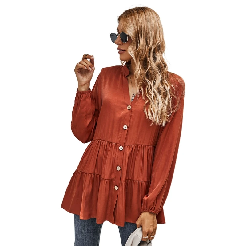 

Women Puff Long Sleeve Ruffles Blouse Sexy V-Neck Button Down Loose Tunic Tops