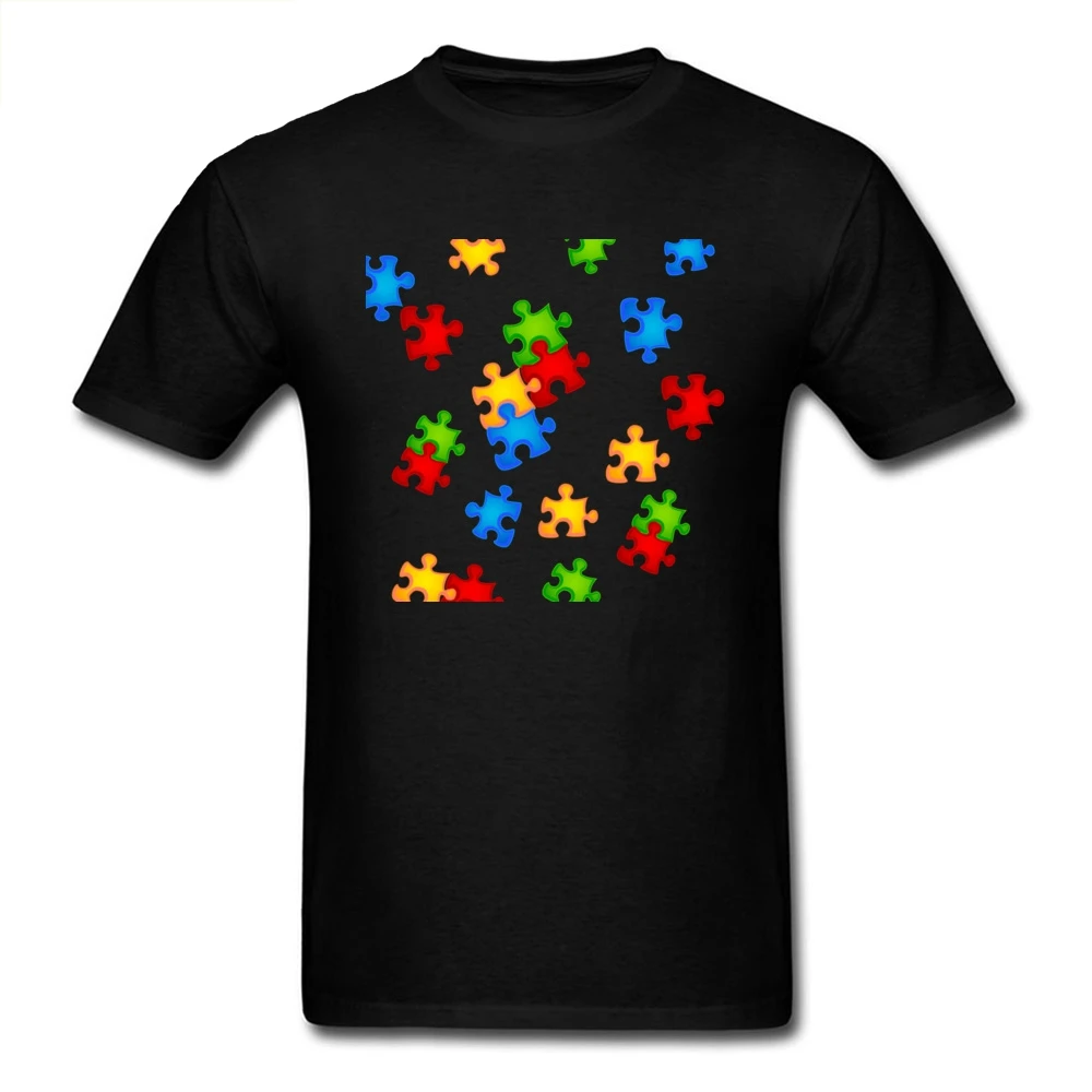 

No Fade Men T-shirt 2018 Colorful Puzzle Pieces Print Male Black Tee Shirt Novelty Simple Design Teens Tops Wholesale