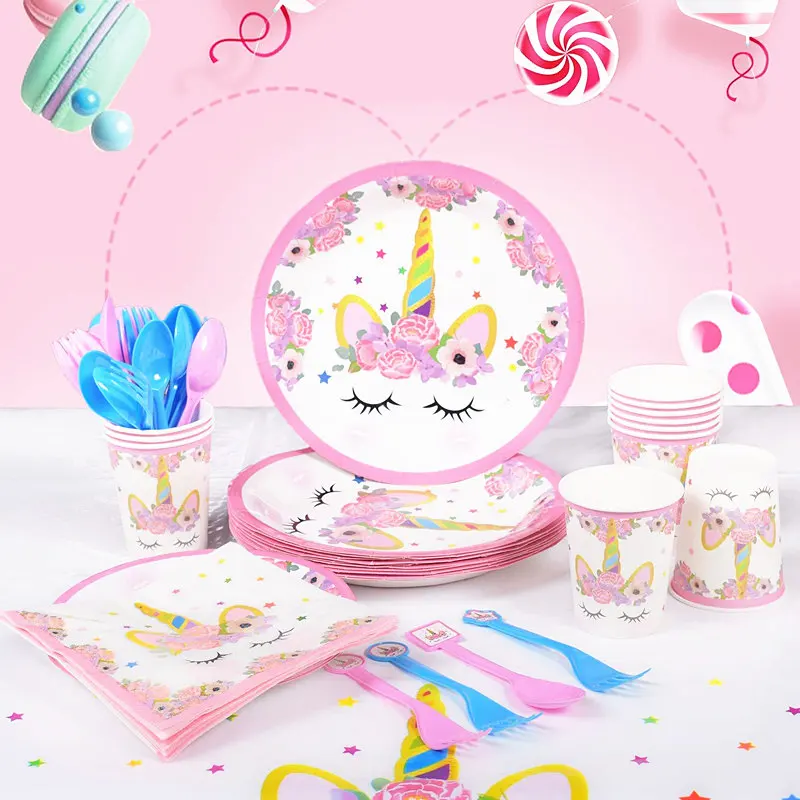 День рождения Девушка Розовый Единорог бумажный баннер чашка салфетка