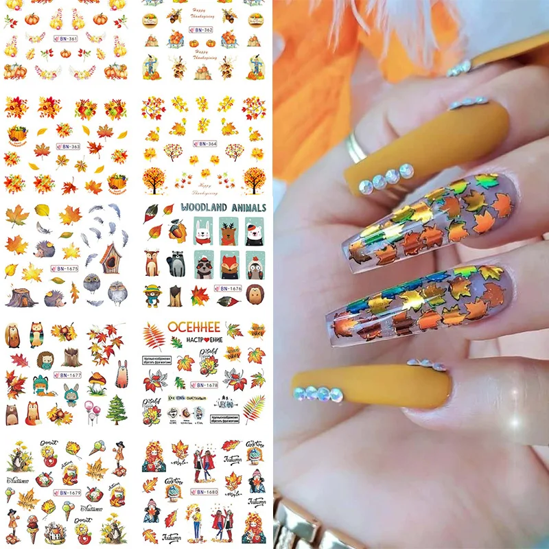 

1pcs Fall Maple Leaves Nail Stickers 3D Yellow Gold Fall DIY Sliders Nail Art Decoration Autumn Adhesive Manicure Nail Decals