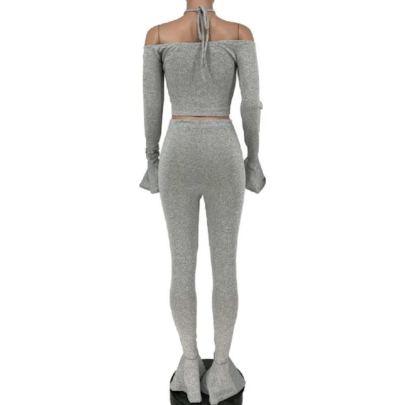 

Elegant Solid Women Two Piece Set Tracksuit Halter Neck Flare Sleeve Skinny Tops and Bell Bottom Legging Slim Stretchy Sweatsuit