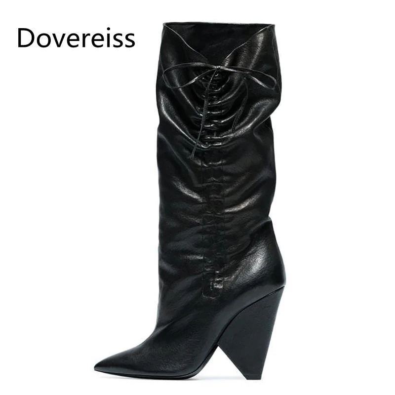 

Dovereiss Fashion Women's Shoes Winter Elegant Knee high boots Mature Slip on Pure color Pointed toe Strange style heels 43
