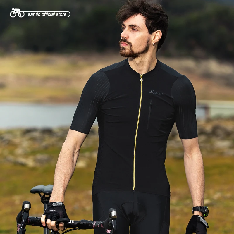 

Santic Men Cycling Jersey Short Sleeve Pro Fit Imported Italian Fabric Cuffs MTB Road Bike Pro Short Jersey Asian Size
