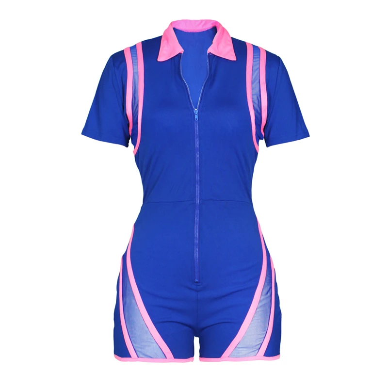 

2020 Sexy Women Deep V-neck Jumpsuit Playsuit Rompers Mesh See Through Patchwork Bodycon Jumpsuit Clubwaer Short Sleeve Shorts