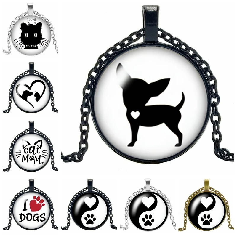 

2020 New Children's Yin and Yang Cat and Dog Pendant Necklace Glass Cabochon 3 Color Necklace Jewelry Sweater Chain Wholesale