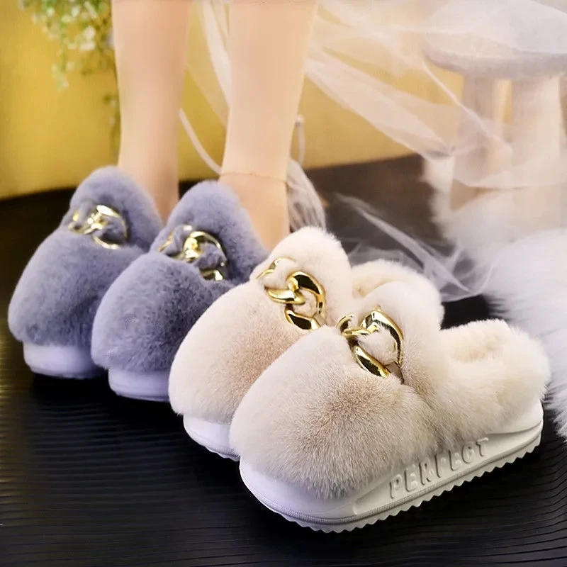 Platform Home Slippers For Women Indoor Bedroom Fuzzy Female Shoes Slides Womens Winter Fashion EVA Flat Plush Warm Slippers images - 6