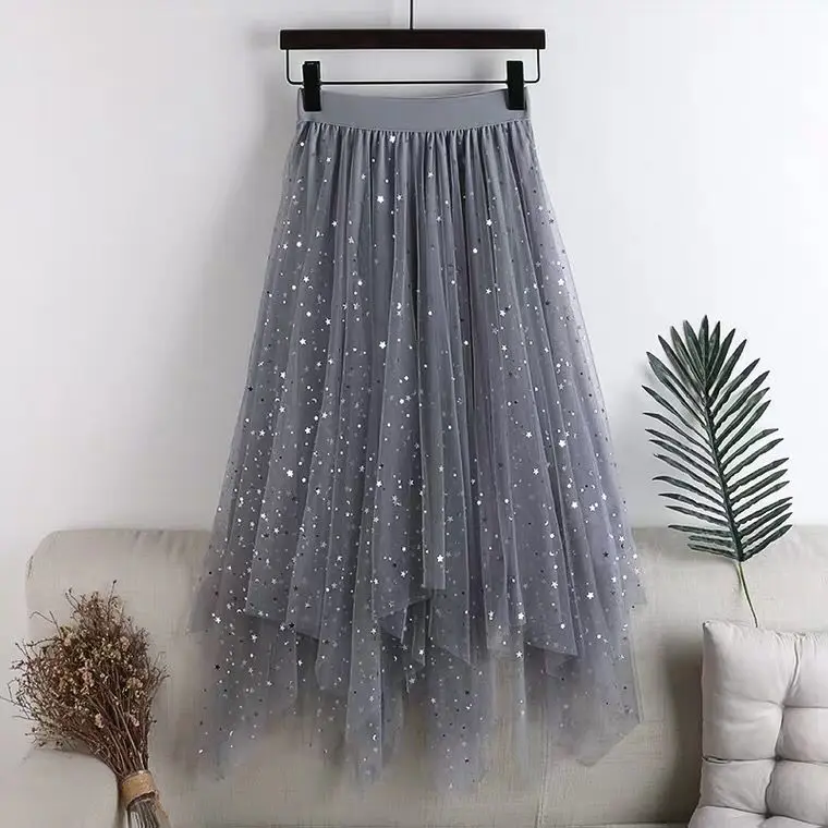 

Star Sequin irregular velvet mesh skirt medium length skirt large A-line skirt fairy skirt four seasons skirt