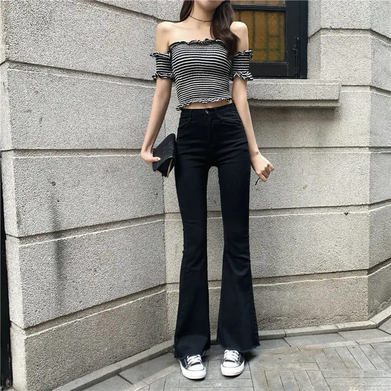 

Flared Jeans Pant Women 2021 Korean High Waist Stretch Slim Straight Trousers