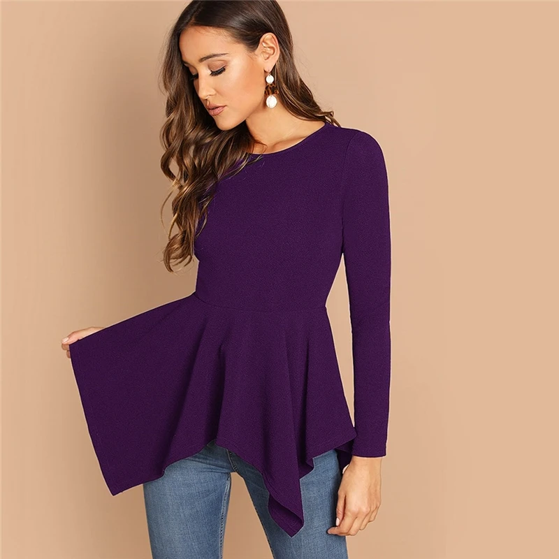 SHEIN Однотонный Топ С Асимметричным Низом И Молнией Женская Черная Классическая Блузка С Длинными Рукавами