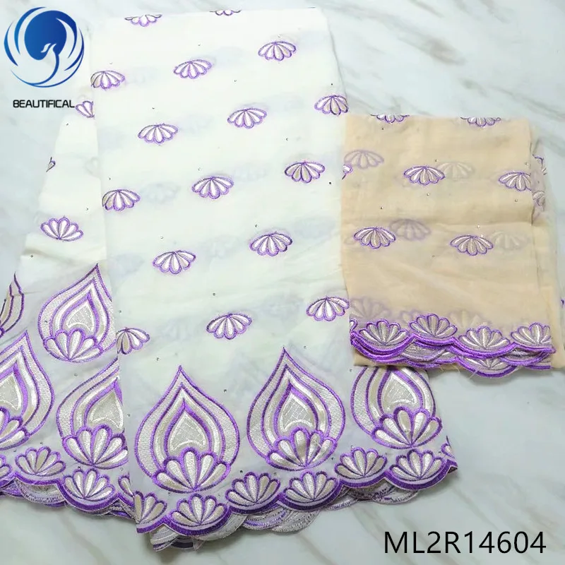 Красивые белые нигерийские хлопчатобумажные ткани фиолетовая вышивка