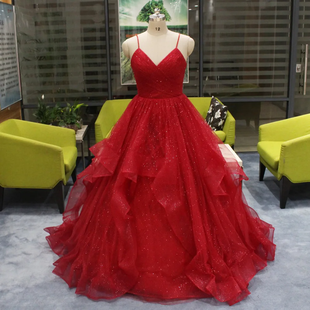 

Mingli Tengda Wine Red Tulle Wedding Dress Suspender Blingbling Thin Shoulder Strap Gown V Neck Robe De Mariee Gold Bruidsjurken