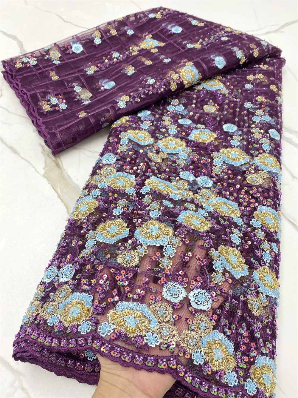 

African Sequins And Beads Lace Fabric 2021 High Quality Embroidery French Net Laces Nigerian Tulle Fabrics 5 yards/piece NI5434
