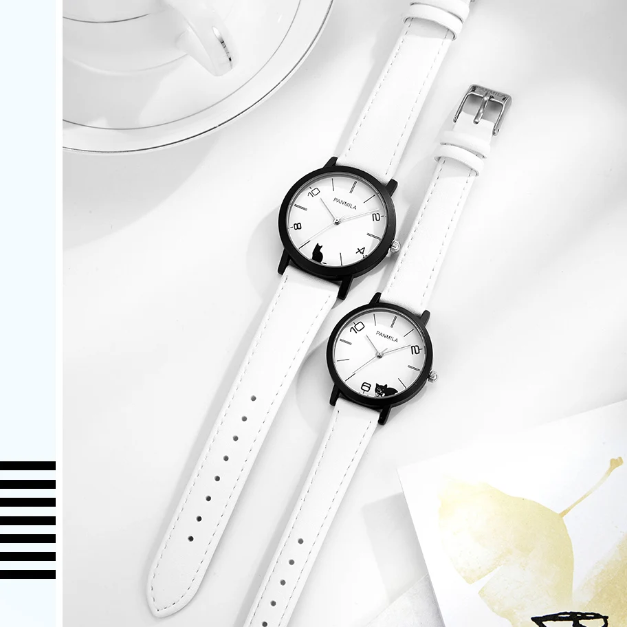 NO.2Women Big Small Dial Quartz Watches Classic White Black Cat Faux Leather Watch Men Couple Waterproof Wristwatch Clock |