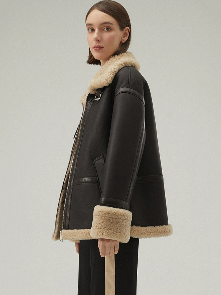 2020 New Womens Shearling Jacket Long Winter Coat Fur Jacket Thicken Wool Coat Brown Leather Jacket