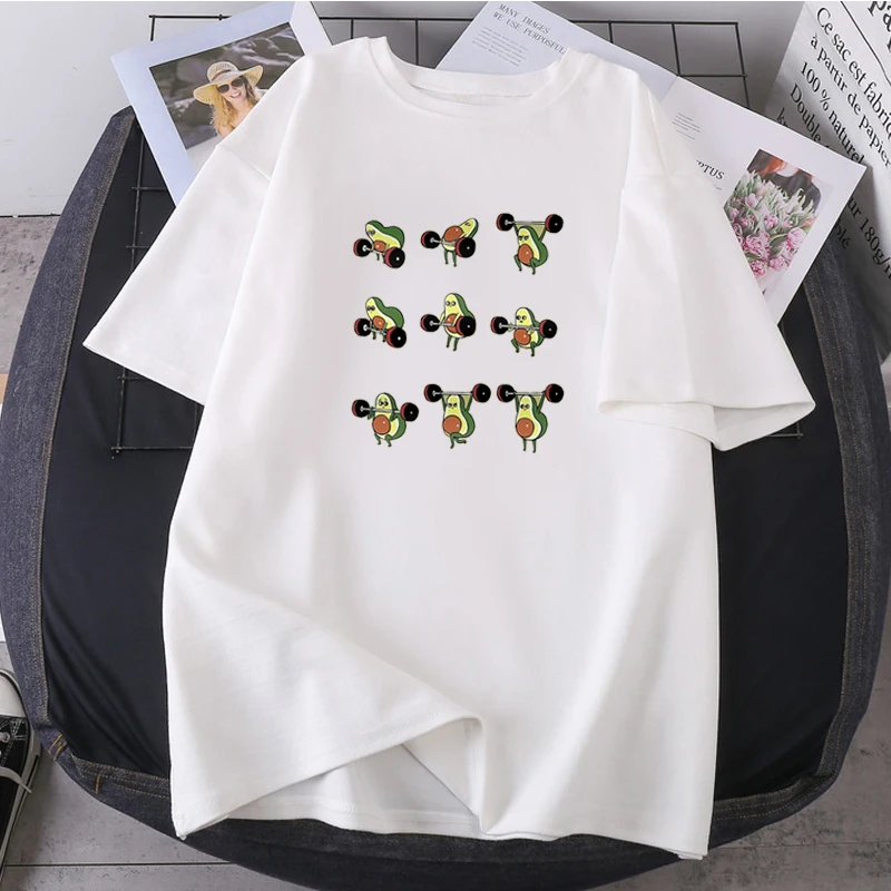 

Cute Weightlifting Avocado Print Short Sleeve Polyester Harajuku Summer Tops Tees Fashion Female Round Neck Retro
