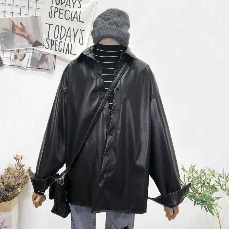 

2021 Spring Autumn Streewear Loose PU Leather Shirt Women's Retro Single-Breasted Cardigan Leather Blouse Tops Camisas De Mujer