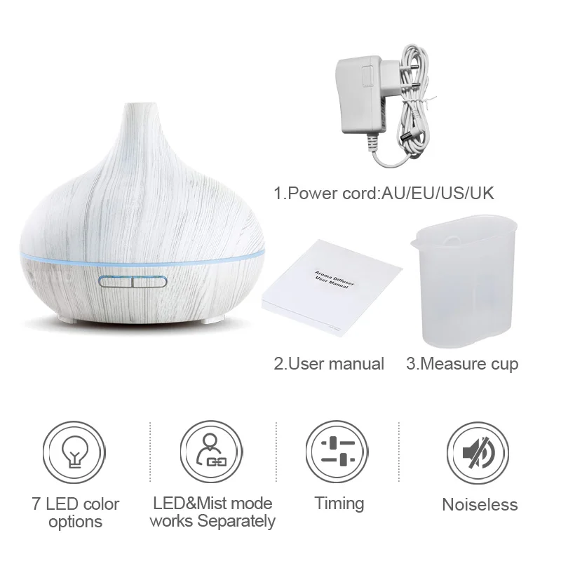 

Newkbo 300Ml Elektrische Luchtbevochtiger Aroma Olie Diffuser Ultrasone Wit Houtnerf Luchtreiniger Met 7 Veranderende Led