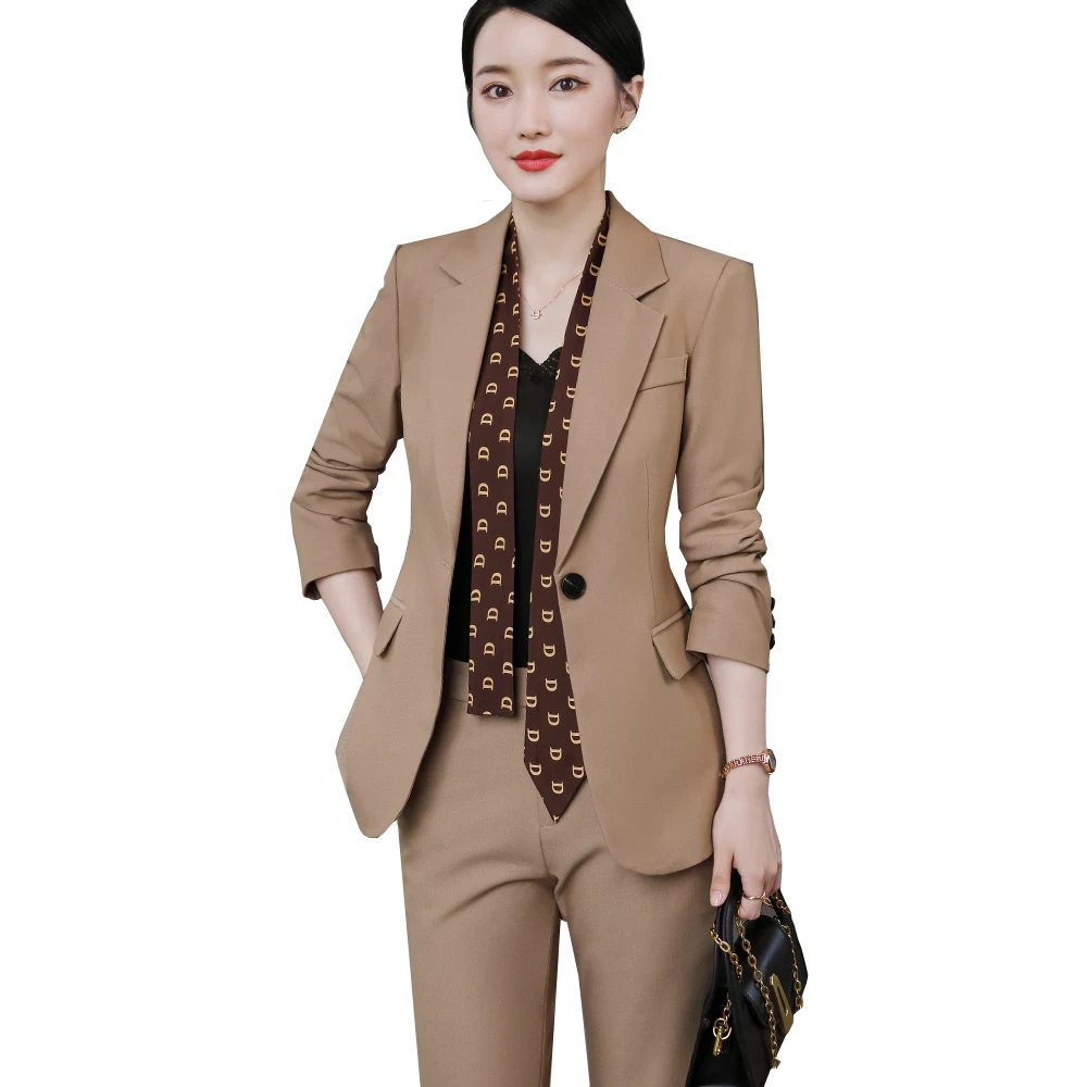 

New Arrival Elegant Black Khaki Pant Suit Women Female Business Formal 2 Piece Set Blazer And Trouser For Office Ladies Work
